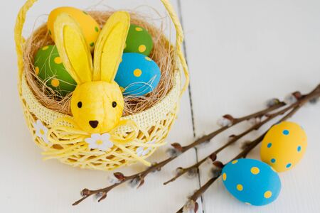 Easter eggs in a basketの写真素材