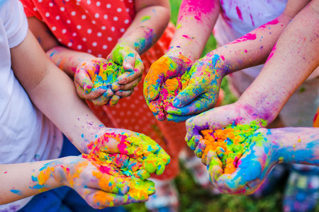 Paint holi on the handsの写真素材