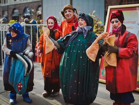 Russia. Moscow.Red square 26 Feb 2017. Carnival Maslenica . clowns entertain and sing in the street
