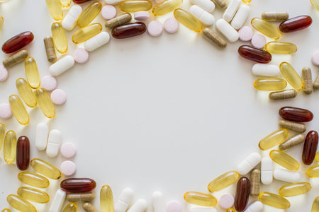 Vitamins, omega 3, cod-liver oil, dietary supplement and tablets an embankment on a light background...