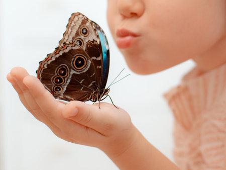 Tropical butterfly Morpho sitting on the hand of a child, macro. Spring pattern, free space,...