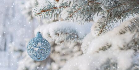 Winter nature Christmas background with frozen spruce, glitter, bokeh, snow. Happy new year 2020 Text space. Christmas toy, decoration.の写真素材