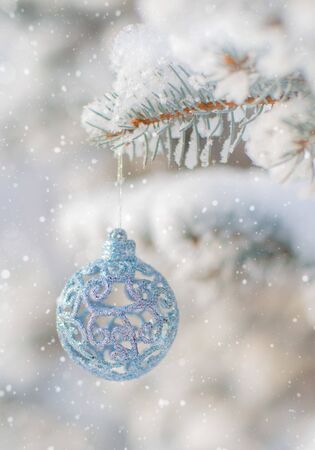 Winter nature Christmas background with frozen spruce, glitter, bokeh, snow. Happy new year 2020 Text space. Christmas toy, decoration.の写真素材