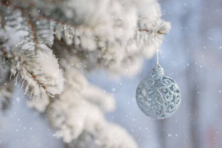 Winter nature Christmas background with frozen spruce, glitter, bokeh, snow. Happy new year 2020 Text space. Christmas toy, decoration.の写真素材