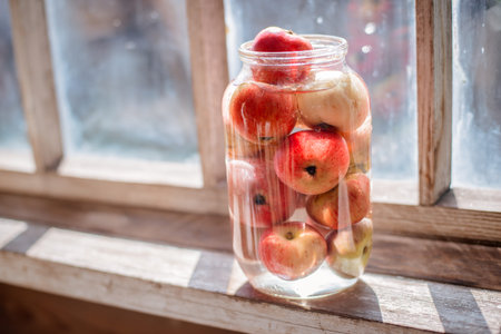Fresh harvest of ripe and healthy farm apples in a glass jar, in a basket. Still life autumn rustic by the window and an old chest of drawers on a dark background.の写真素材