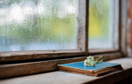 old books on the background of the village wooden wet window, copy space. autumn cold rainy days. The concept of Hygge, autumn mood.の写真素材