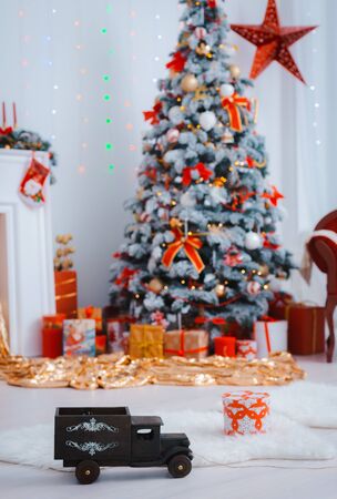 festively decorated Christmas tree. Background for happy new year 2020. free space for text. merry Christmas.の写真素材