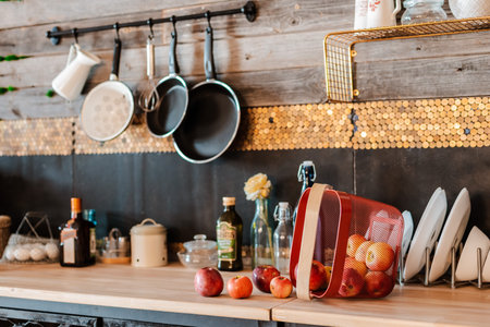interior and design of modern home kitchen in rustic style. In the background is a wall of wooden...