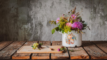 An ancient pot with a composition of flowers on a wooden rustic table against a concrete wall....