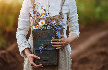 Creative flower girl carries wicker baskets with wildflowers at sunset in the rays.の写真素材
