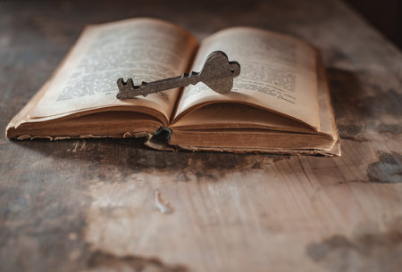A decorative wooden key rests on an open old vintage book on a dark backgroundの写真素材