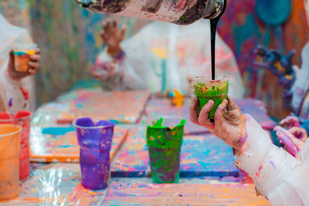 Little children's hands pouring acrylic paint onto a canvas. Abstract painting technique fluid art...