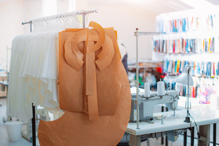 industrial production of clothing, a large number of paper sewing designs hanging barbell. Patterns...