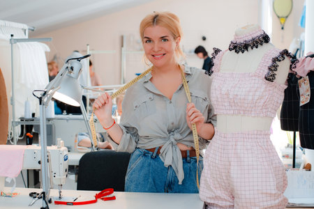 Portrait of a beautiful smiling seamstress with a measuring tape standing next to a mannequin in...