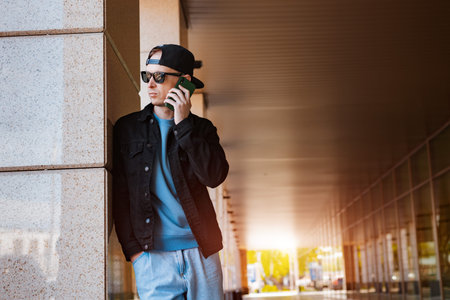 Millenial hipster guy in stylish outfit standing outdoor talking on smartphone