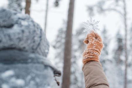 hand in mitten holding decorative transparent snowflake, winter forest natural background.の写真素材