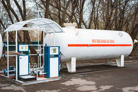 Moscow, Russia - May 4, 2022. A column for filling with compressed methane gas. The gas tank is...