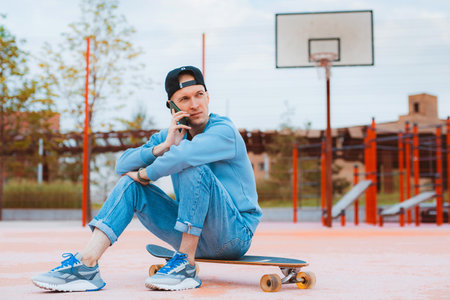 Full-leghth of young hipster guy in cap makes selfie with mobile phone while sitting on skateboard, gestures victory sign with fingers, skateboarder sharing photos with followers on social networksの写真素材
