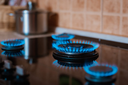 Modern kitchen stove cook with blue flames burning.