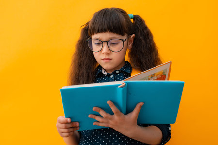 portrait of a child schoolgirl with glasses reading a book on an isolated yellow background....
