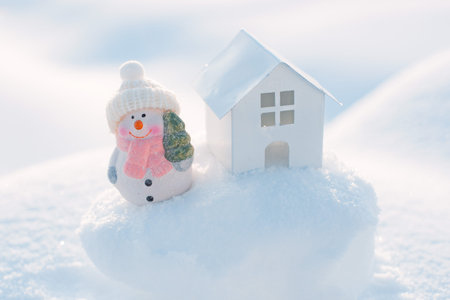 Merry christmas and happy new year greeting card with copy-space.Happy snowman standing in winter...