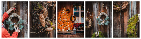collage set Rear view young female hipsters decorate home for Christmas door outside. Beautiful Christmas tree wreath old wooden rustic background. striped hat and scarf. new year 2023の写真素材