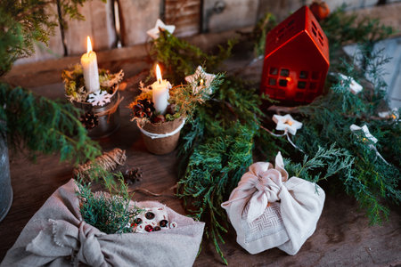 Christmas decorations handmade candles. Hand made textile Christmas trees for a festive table with your own hands. Cheap new year.の写真素材