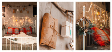 collage set of Christmas and New Year bedroom decoration. Hand made interior decor decorations. Craft and creativity Christmas.の写真素材