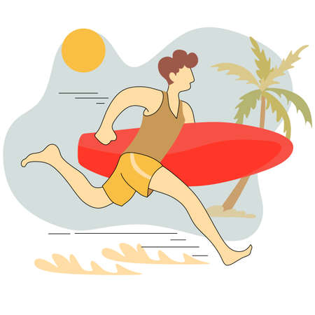 Surfer boy on a beach. Young sporty man on a sea shore with a surfboard running to ride on a wave, active guy enjoys extreme sport on holiday, summer activity. Vector illustration, faceless characterのイラスト素材