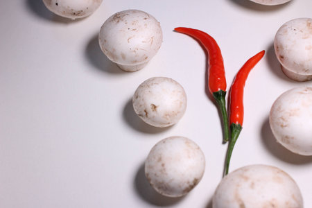 Food ingredients -  mushroom and chiliesの写真素材