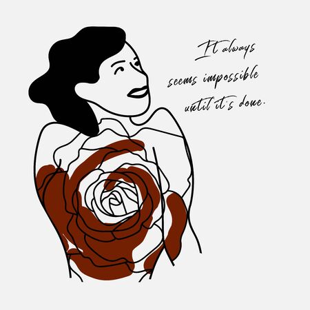 hand writing, positive quote and isolated illustration of roses and woman. vintage and simple style, wallpaper, daily post, card, picture, home decor, phone case, tart.のイラスト素材