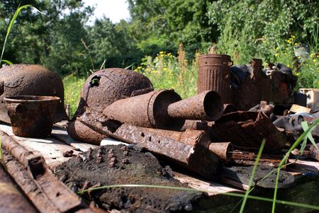 Old ammunition on the fiel in Prussia, Kaliningrad region, Russia                   の写真素材