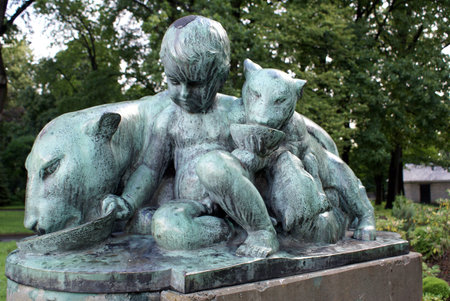 Sculpture boy and lion cats in Zoo, Kenigsberg, Prussia, Kaliningrad, Russia                 の写真素材