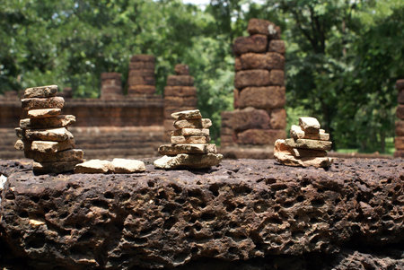 Big and small stones in old buddhist wat in Thailand                  の写真素材