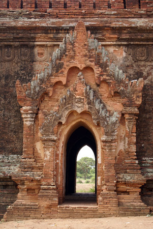 Entrance of old brick temple in Bagan, Myanmar, Burma              