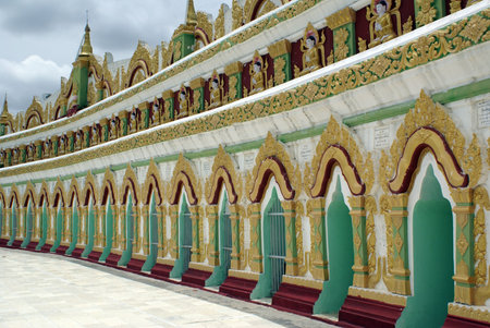 Wall of Buddhist temple with 1000 buddhas, Sagaing hill, Mandalay, Myanmar              の写真素材