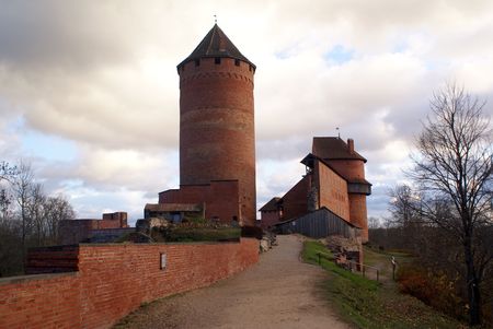 Tower and red brick castle in Sigulda, near Riga, Latvia                   の写真素材