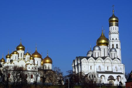 Tall white cathedrals in Moscow Kremlin, Russia                の写真素材