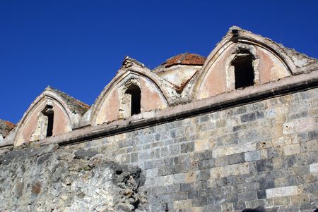 Wall and roof of church in Kayakoy, Turkey               の写真素材