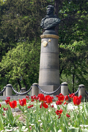 Monument of hero in town Uman, Ukraine                の写真素材