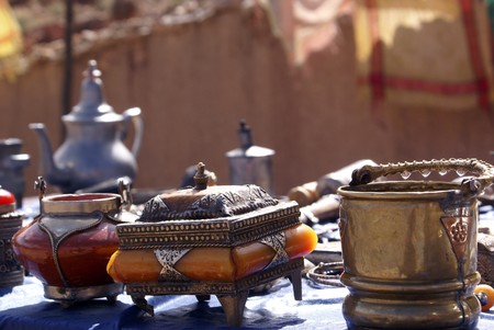 Souvenirs on the table near road in Morocco                の写真素材