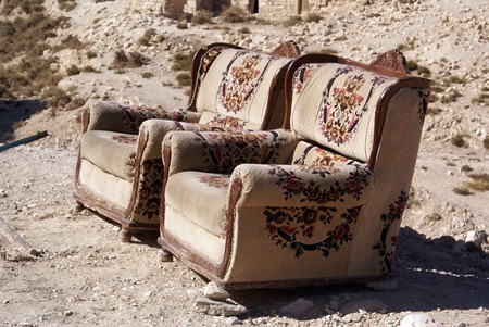 Two chairs in the middle of desert in Jordan                の写真素材