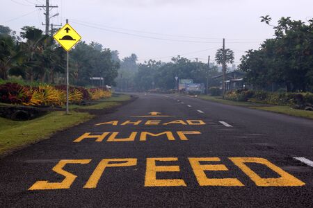 Yellow words on the road in Savaii, Samoaの写真素材