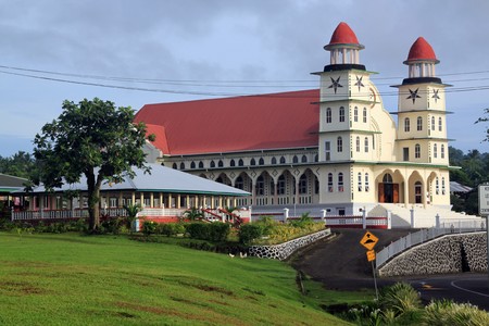 Big church near the road on Savaii island, Samoaの写真素材