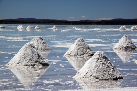 Salt piramids on the surface of lake Uyuni in Bolivia