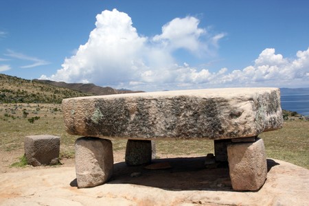 Stone table on the island Isla del Sol, Boliviaの写真素材