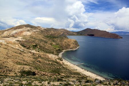 Coast and bay near islad Isla del Sol, Boliviaの写真素材