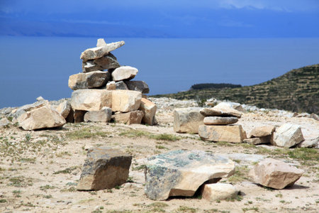 Piramid and stones on the island Isla del Sol, Bolivia
