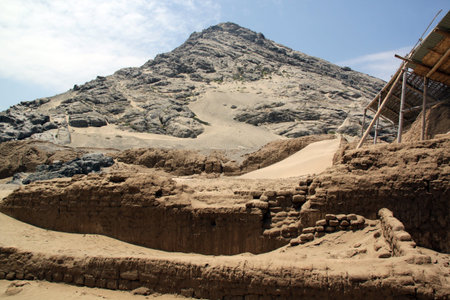 Brick wall and ruins in Huaca de la Luna, north Peruの写真素材