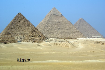 Piramids, sand and camels in Giza, Egypt                 の写真素材